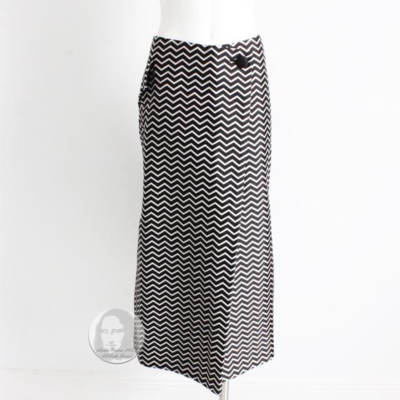 Geoffrey Beene Skirt Black Silver Op Art Stripe Zig Zag Print Satin Vintage 90s - Picture 7 of 8